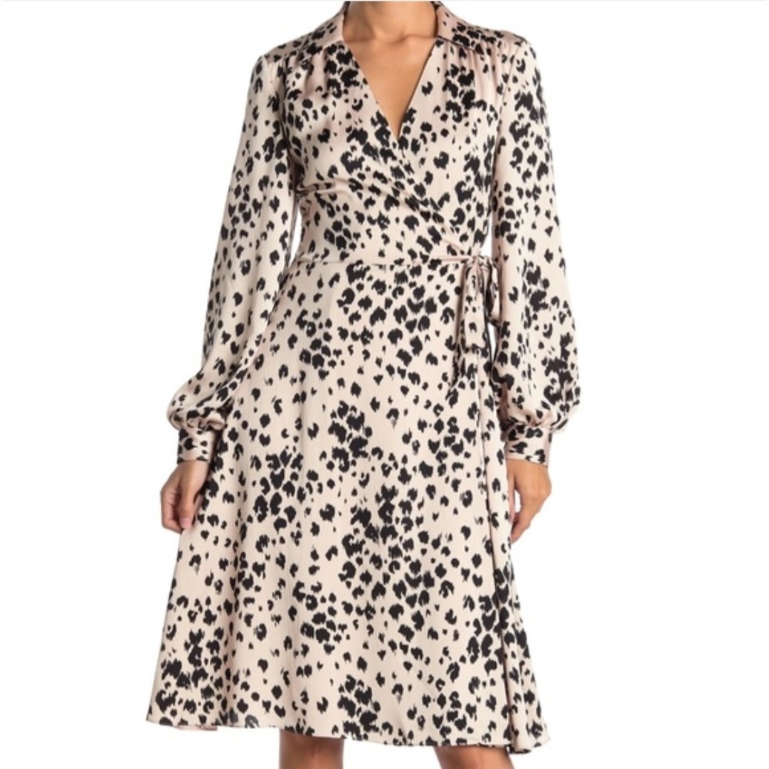 Trina Turk Leopard Print Satin Wrap Midi Dress Champagne Black Size 8